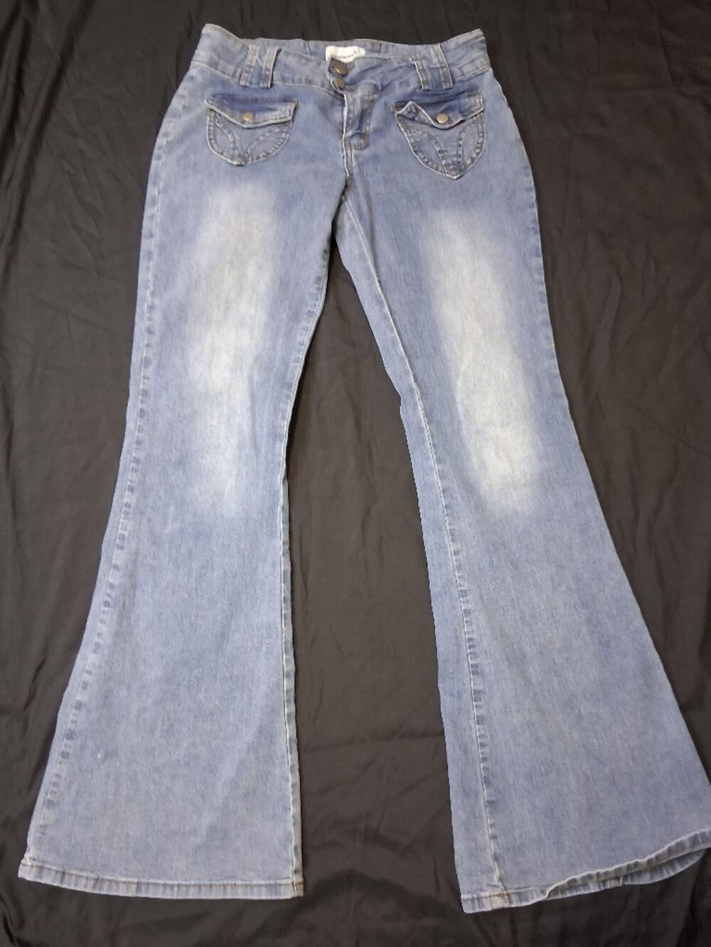Vintage Y2K Low Rise Flare Jeans Front Flap Pockets Extra Long Inseam